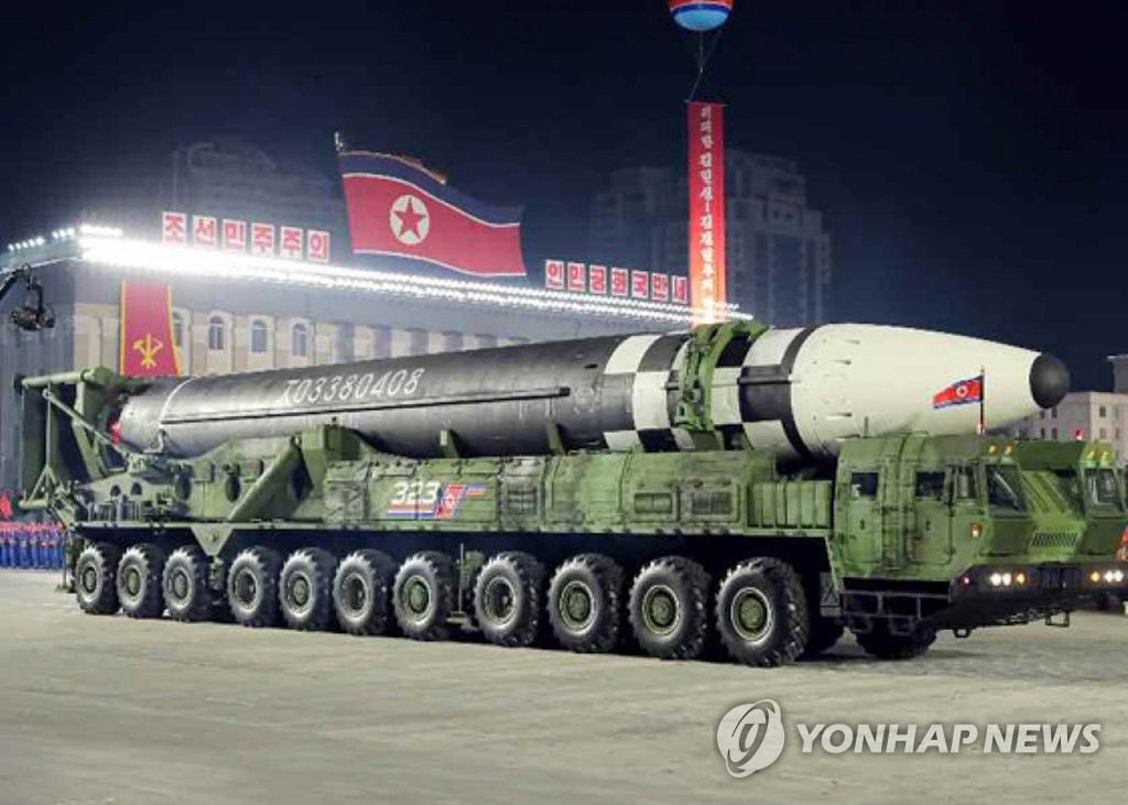 Shown in this image captured from Korean Central Television footage on Oct. 10, 2020, is what appears to be North Korea's new intercontinental ballistic missile (ICBM) that was displayed during a military parade held in Pyongyang to mark the 75th founding anniversary of the ruling Workers' Party. (For Use Only in the Republic of Korea. No Redistribution) (Yonhap)