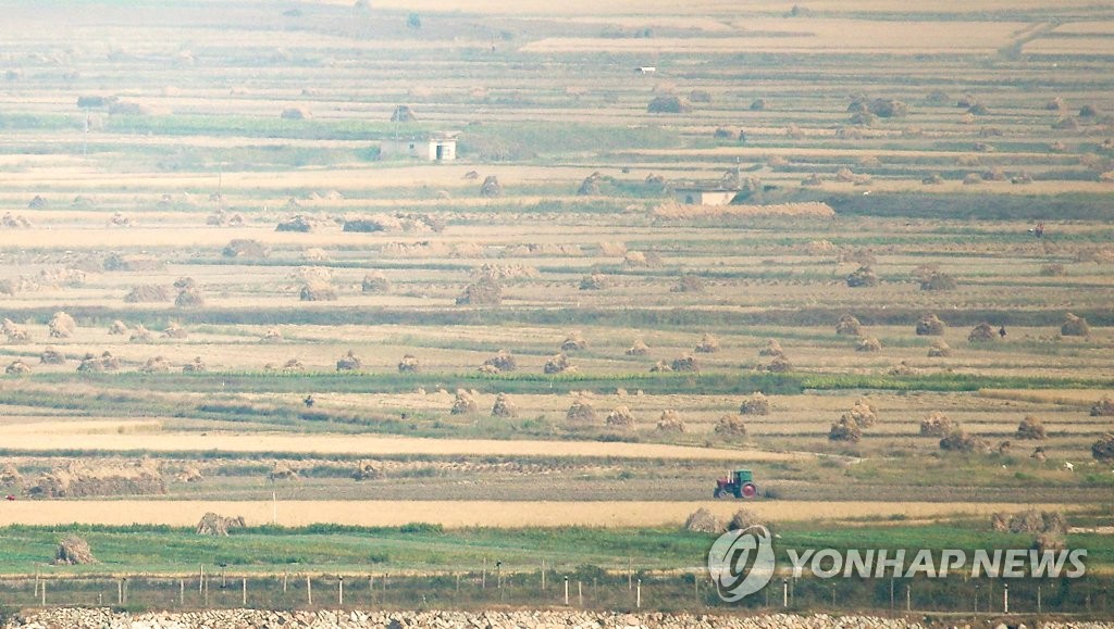 지난해 10월 12일 인천시 강화군 강화평화전망대에서 바라본 북한 황해북도 개풍군의 추수가 끝난 논에 짚단들이 쌓여 있다. [연합뉴스 자료사진]