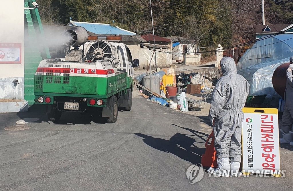 Officials disinfect the area surrounding a duck farm in Jinju, 434 kilometers south of Seoul, on Jan. 9, 2021. (Yonhap)