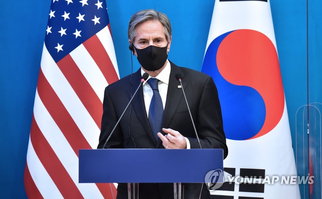 This file photo, taken March 18, 2021, shows U.S. Secretary of State Antony Blinken speaking during a press conference at the foreign ministry in Seoul. (Pool photo) (Yonhap)