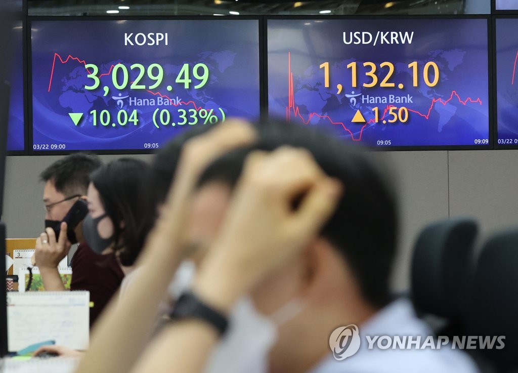 This photo, taken on March 22, 2021, shows dealers looking at computers to monitor stock and currency market movements at a Hana Bank dealing room in Seoul. (Yonhap)