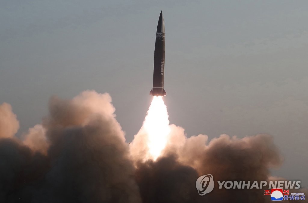 A new type of a tactical guided missile is launched from the North Korean town of Hamju, South Hamgyong Province, on March 25, 2021, in this photo released by the North's official Korean Central News Agency. South Korea's military said the previous day that the North fired what appeared to be two short-range ballistic missiles into the East Sea. (For Use Only in the Republic of Korea. No Redistribution) (Yonhap)