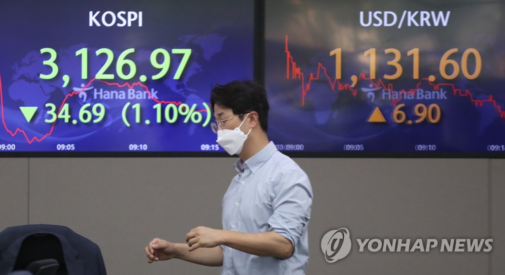 In this photo taken on May 13, 2021, a signboard at a dealing room in Hana Bank in central Seoul shows that South Korea's key stock index traded 1.1 percent lower in early trading. (Yonhap)