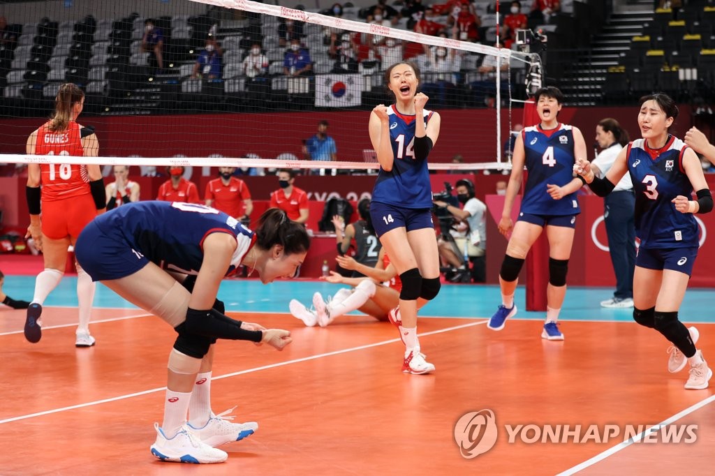 Kim Yeon-koung of South Korea (L) and her teammates celebrate a point against Turkey in the quarterfinals of the Tokyo Olympic women's volleyball tournament at Ariake Arena in Tokyo on Aug. 4, 2021. (Yonhap)