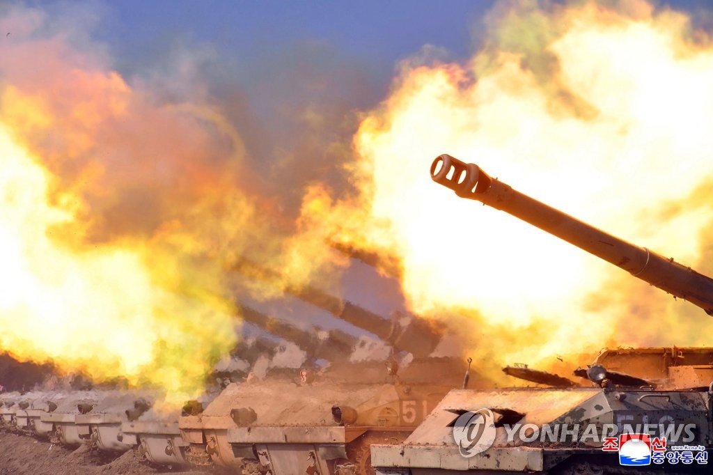This file photo, released by the North's official Korean Central News Agency on Nov. 7, 2021, shows North Korean military conducting an artillery drill. (For Use Only in the Republic of korea. No Redistribution) (Yonhap)