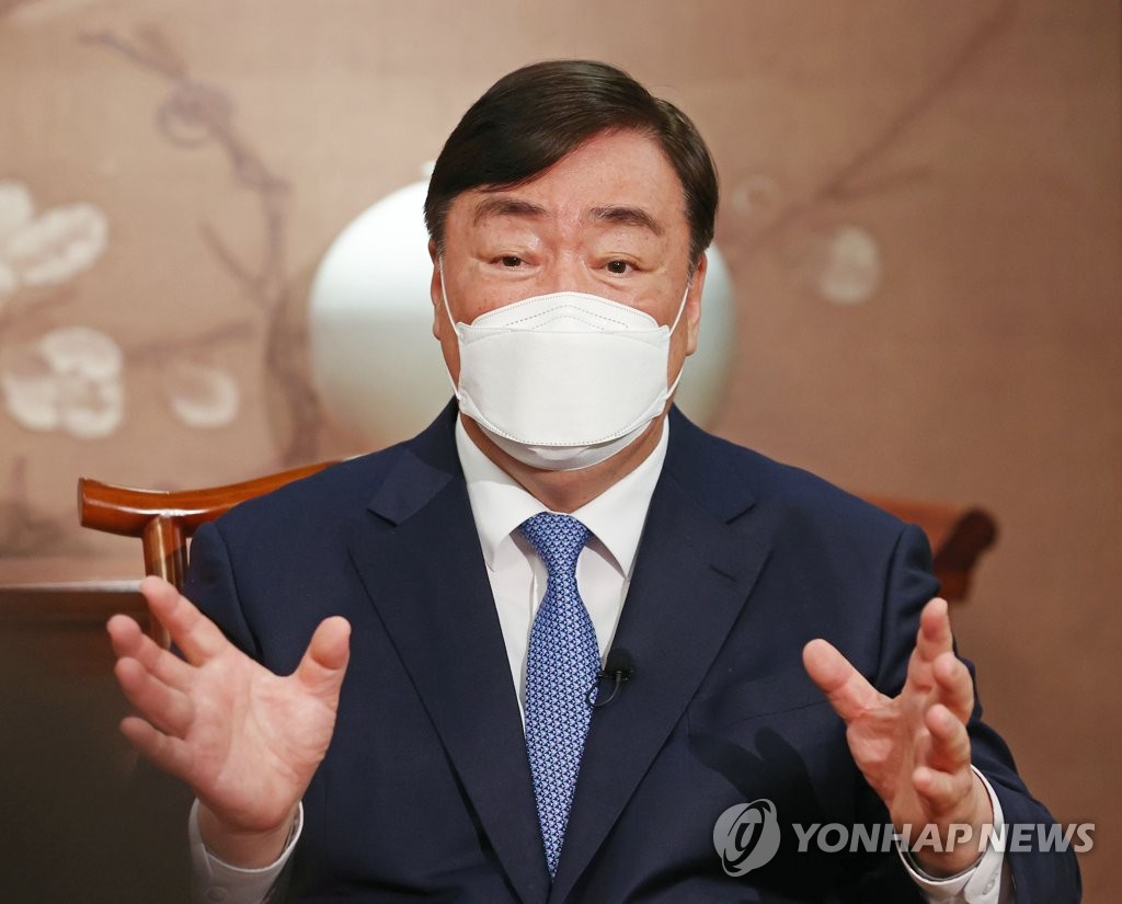 This unrelated file photo, taken Jan. 5, 2022, shows Chinese Ambassador to South Korea Xing Haiming speaking during an interview with Yonhap News Agency at his embassy in Seoul. (Yonhap)