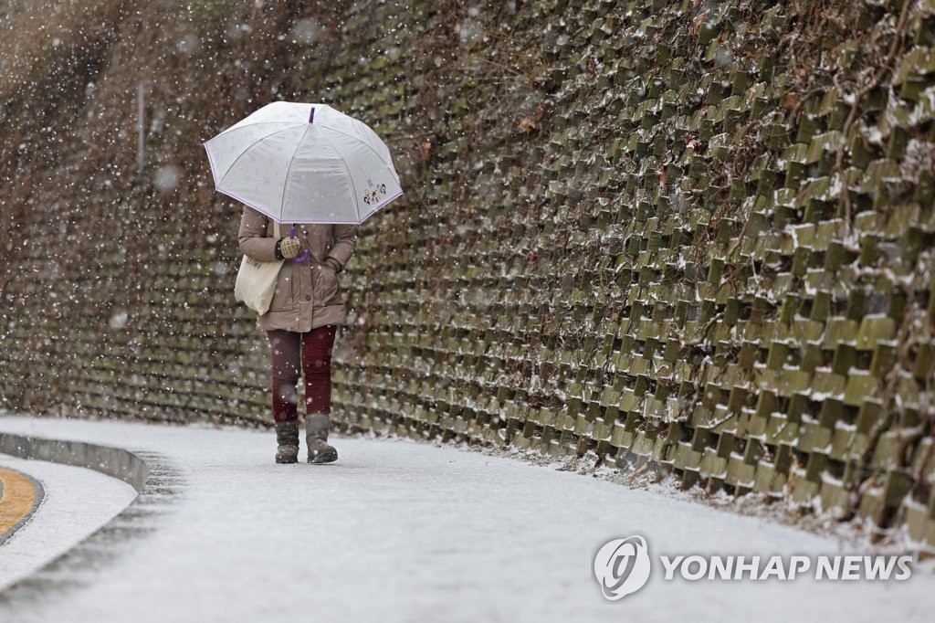 雪が降るソウル市内＝１７日、ソウル（聯合ニュース）