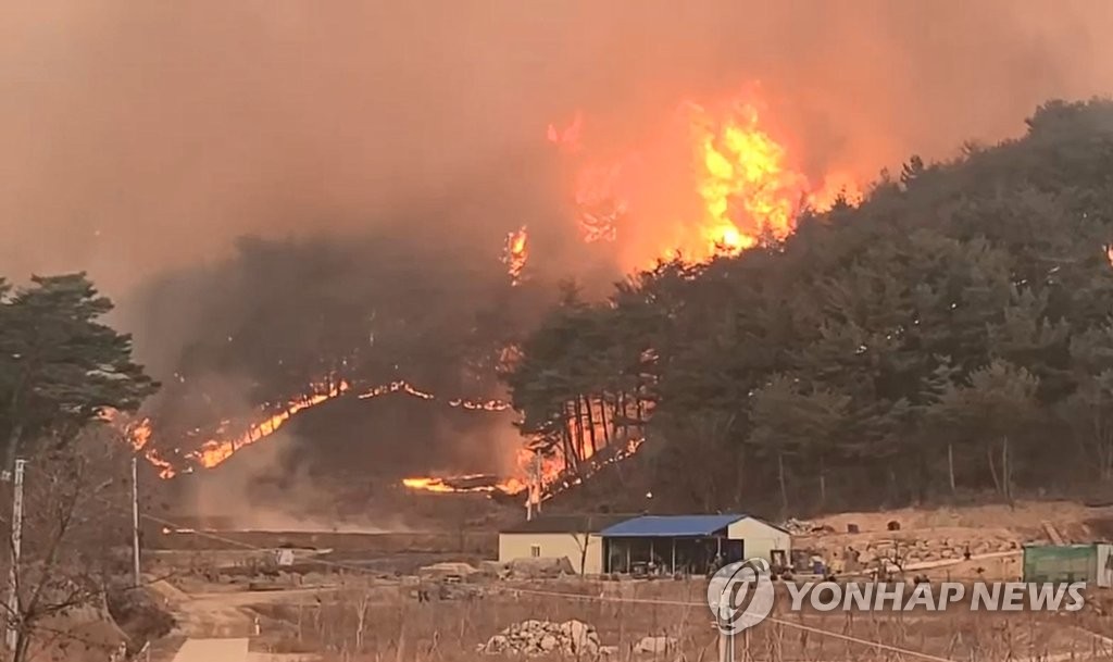 慶尚北道・蔚珍で発生した山火事（消防庁提供）＝（聯合ニュース）≪転載・転用禁止≫