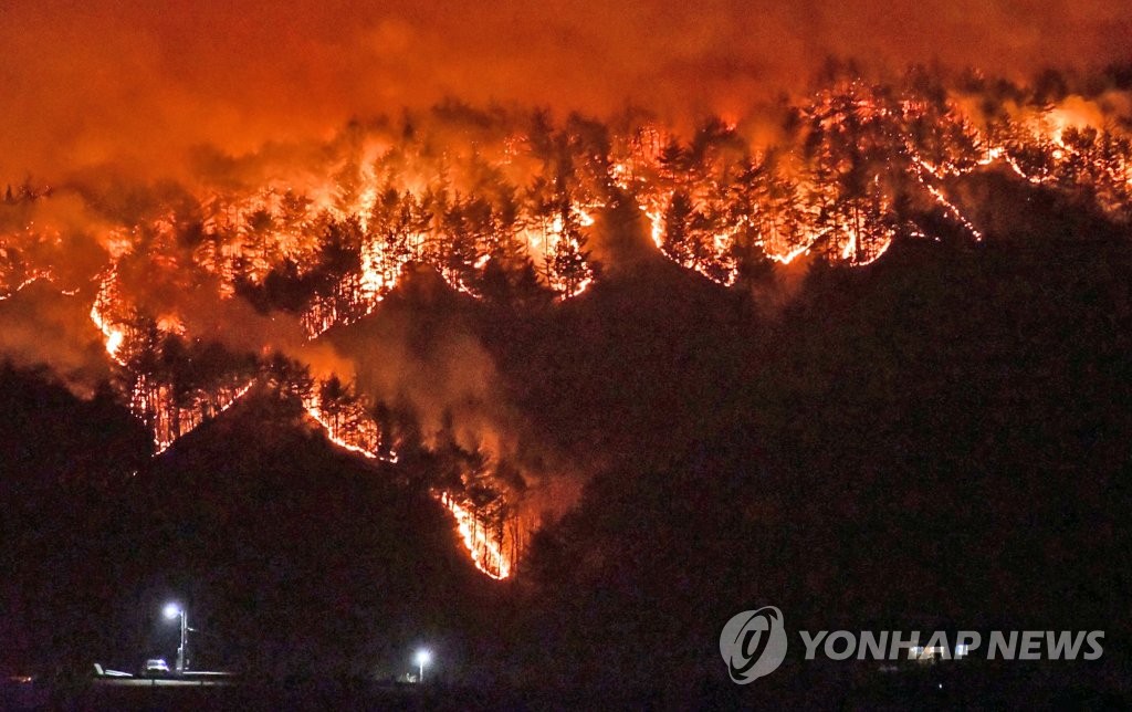 A wildfire burns in the eastern city of Samcheok on March 4, 2022, in this photo provided by the city. (PHOTO NOT FOR SALE) (Yonhap)