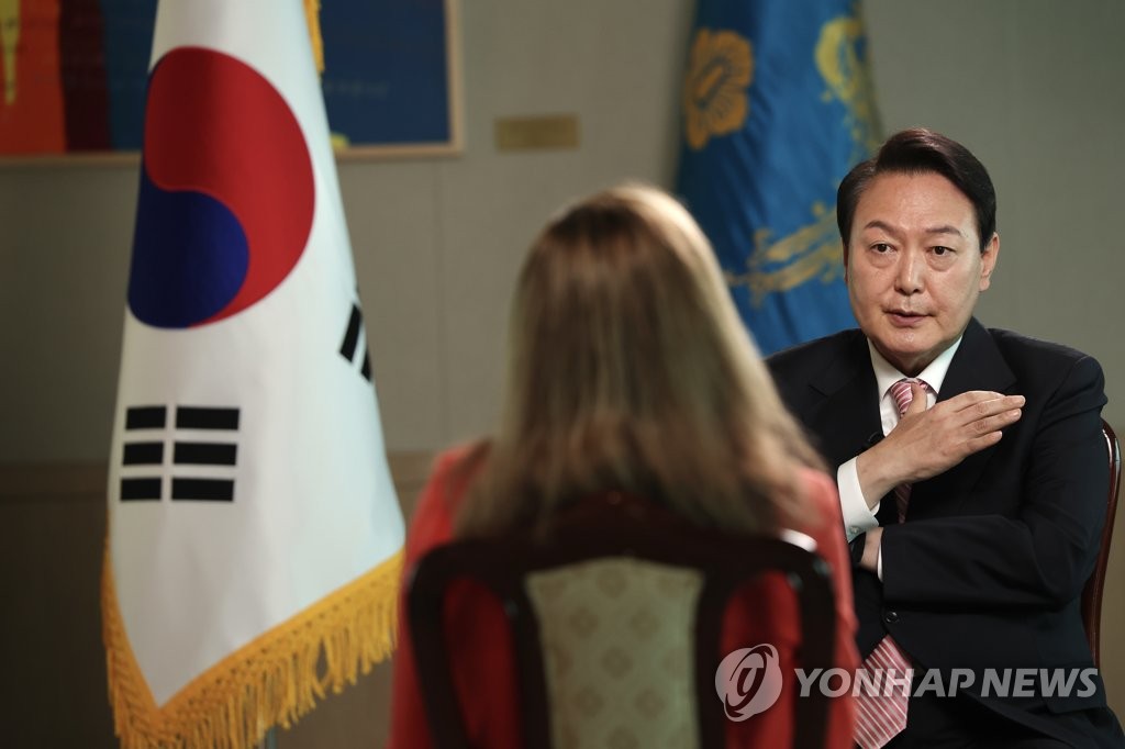 President Yoon Suk-yeol speaks during an interview with CNN at the presidential office in Seoul on May 23, 2022, in this photo provided by the office. (PHOTO NOT FOR SALE) (Yonhap)