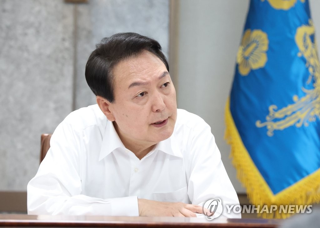 President Yoon Suk-yeol speaks during a meeting with his senior secretaries and aides at the presidential office in Seoul on May 30, 2022. (Yonhap)