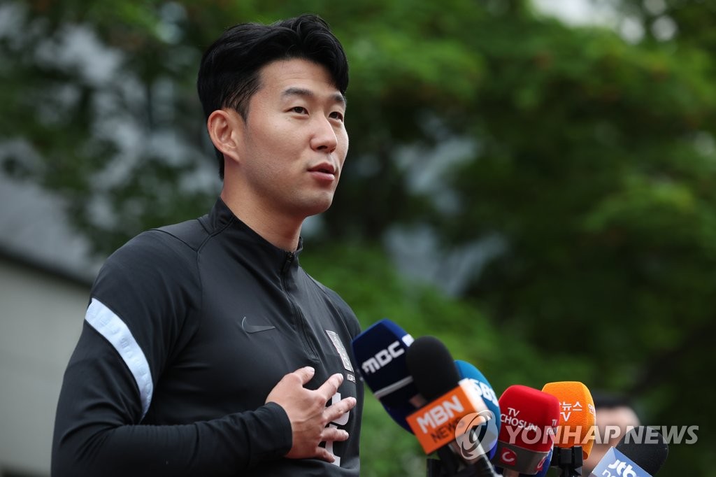 Son Heung-min, captain of the South Korean men's national football team, speaks to reporters at the National Football Center in Paju, Gyeonggi Province, on May 30, 2022. (Yonhap)