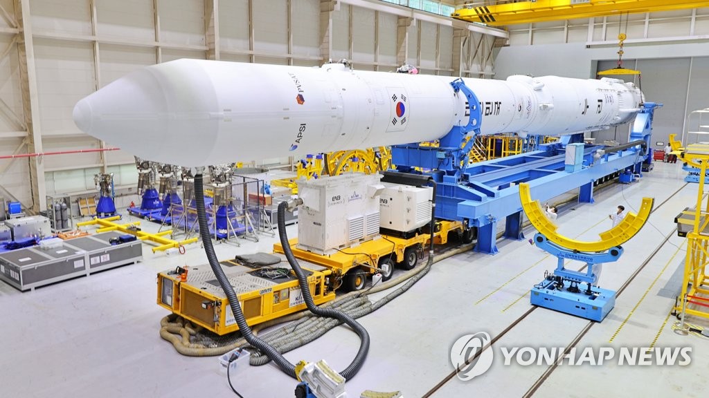 This photo provided by the Korea Aerospace Research Institute on June 13, 2022, shows the fully assembled Nuri rocket, also known as KSLV-II, at the Naro Space Center in the country's southern coastal village of Goheung. (PHOTO NOT FOR SALE) (Yonhap)