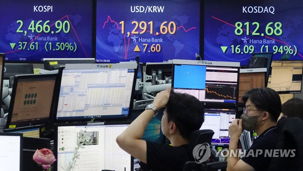 Screens at a Hana Bank dealing room in Seoul show the trading values of the KOSPI main stock price index and the Korean currency on June 14, 2022. (Yonhap)