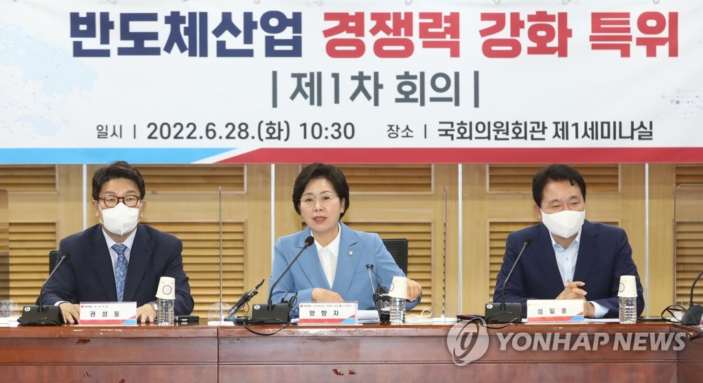 Rep. Yang Hyang-ja (C), who heads the ruling People Power Party's special committee on semiconductors, speaks at the panel's inaugural meeting at the National Assembly in Seoul on June 28, 2022. (Pool photo) (Yonhap)