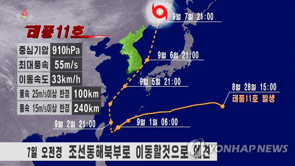 북한, 태풍 '힌남노' 7일 동해 북부로 이동 전망