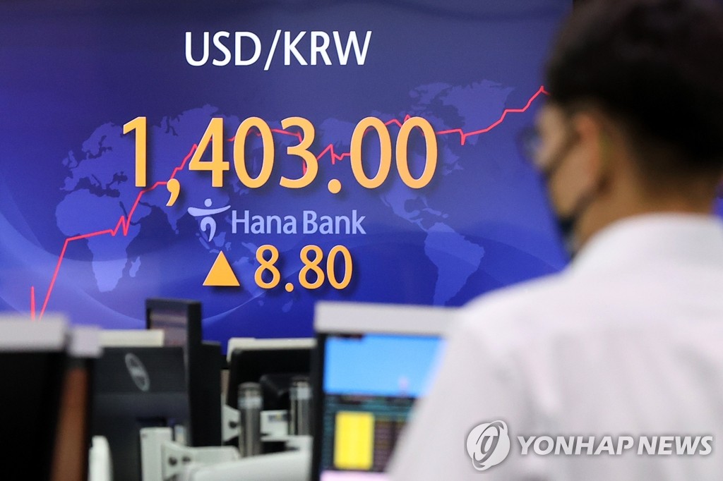 La foto, tomada el 22 de septiembre de 2022, muestra un letrero electrónico en la sala de operaciones del banco Hana Bank, en el centro de Seúl, en el que aparece el tipo de cambio del won surcoreano frente al dólar estadounidense, que se situó en 1.403 wones por dólar, durante la sesión matutina del día, lo que supone la primera vez en más de 13 años que la moneda surcoreana se deprecia por encima del nivel intradía de 1.400.
