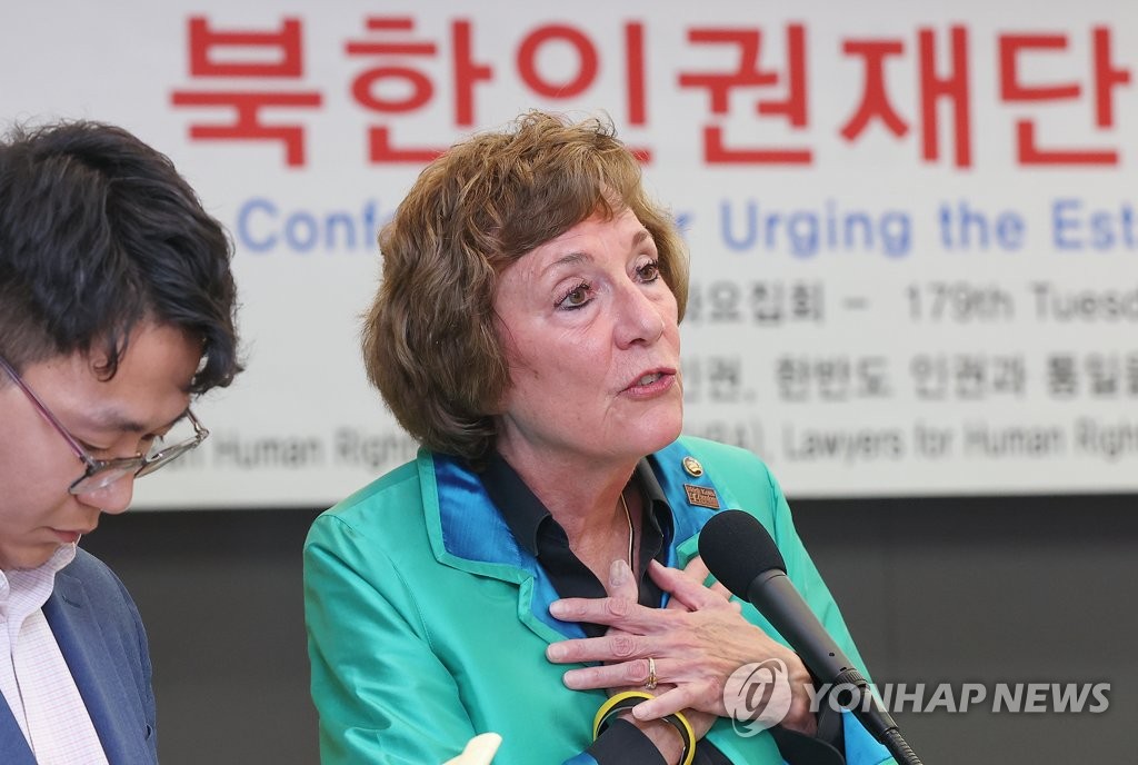 Suzanne Scholte, head of the North Korea Freedom Coalition, speaks during a press conference at the Press Center in Seoul on Sept. 27, 2022, to call for the establishment of a North Korean human rights foundation as part of efforts to help improve the human rights situation in the North. (Yonhap)
