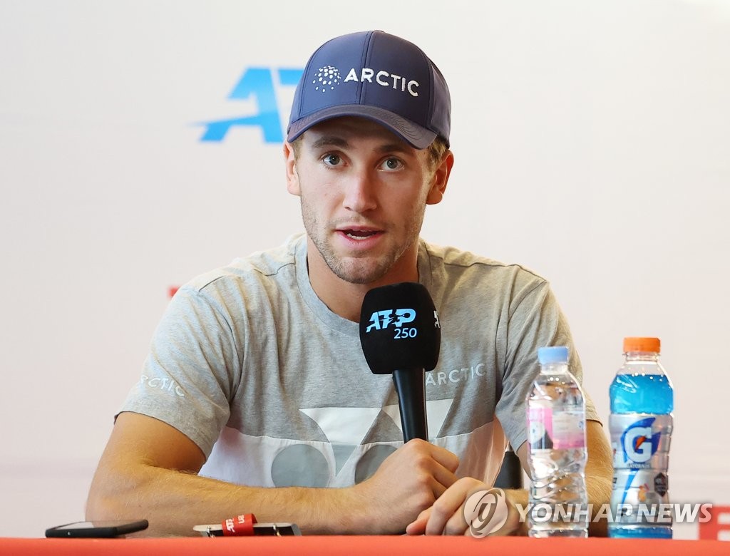 Casper Ruud of Norway speaks at a press conference before his first men's singles match at the ATP Eugene Korea Open tennis tournament at Olympic Hall inside the Olympic Park in Seoul on Sept. 28, 2022. (Yonhap)