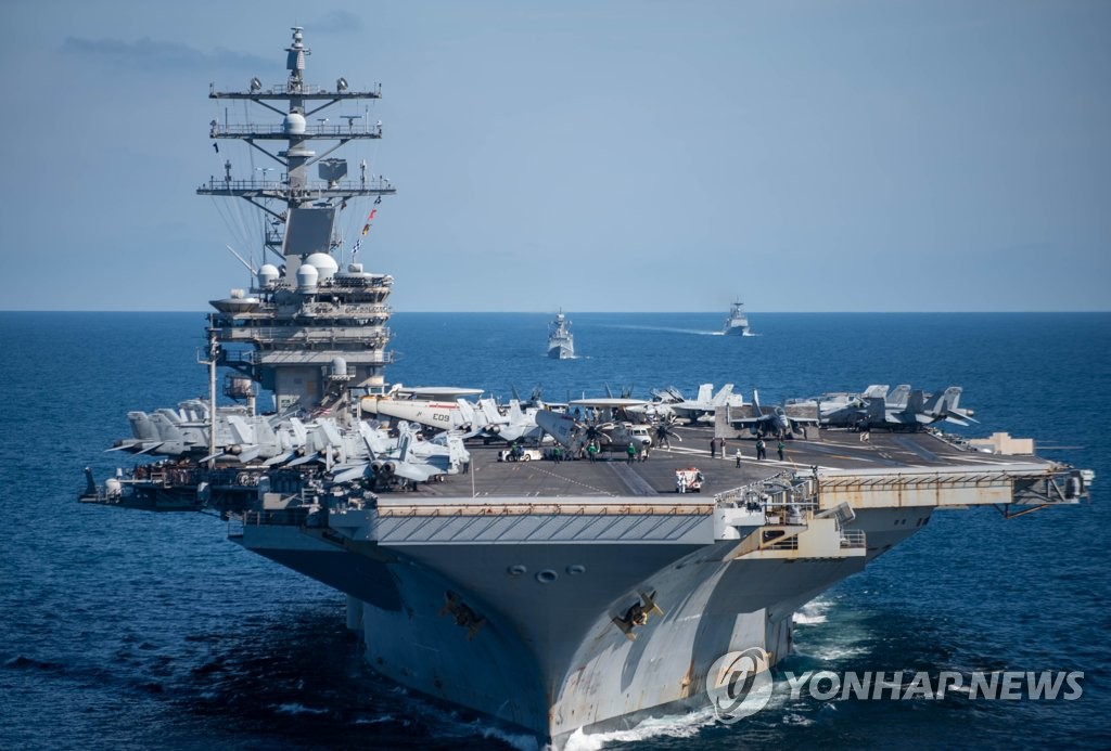 The USS Ronald Reagan aircraft carrier participates in a combined naval exercise with the South Korean Navy in the East Sea on Sept. 29, 2022, in this photo released by the Navy. (PHOTO NOT FOR SALE) (Yonhap)