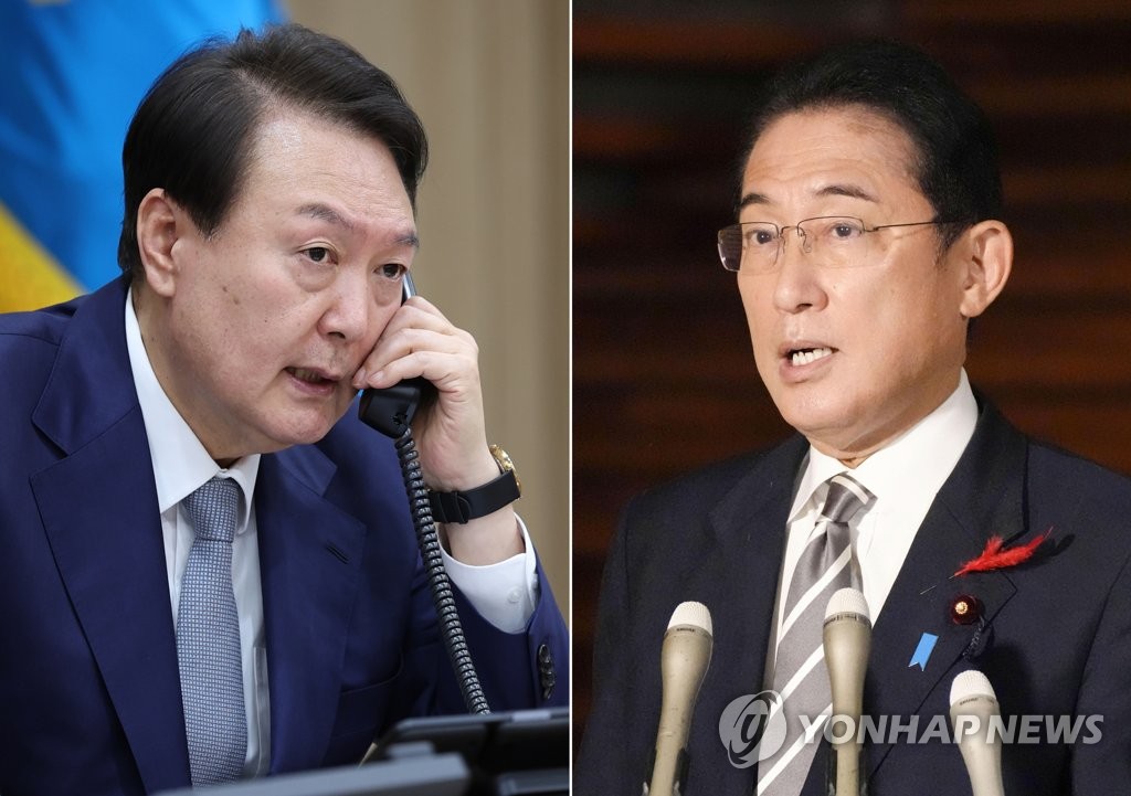 These photos show South Korean President Yoon Suk-yeol (L) talking with Japanese Prime Minister Fumio Kishida over the phone at the presidential office in Seoul on Oct. 6, 2022, and Kishida answering reporters' questions at his residence in Tokyo right after phone talks with Yoon. The talks were held in the wake of North Korea's launch of two short-range missiles into the East Sea earlier in the day. The photos were provided by Yoon's office and Kyodo News, respectively. (PHOTO NOT FOR SALE) (Yonhap)