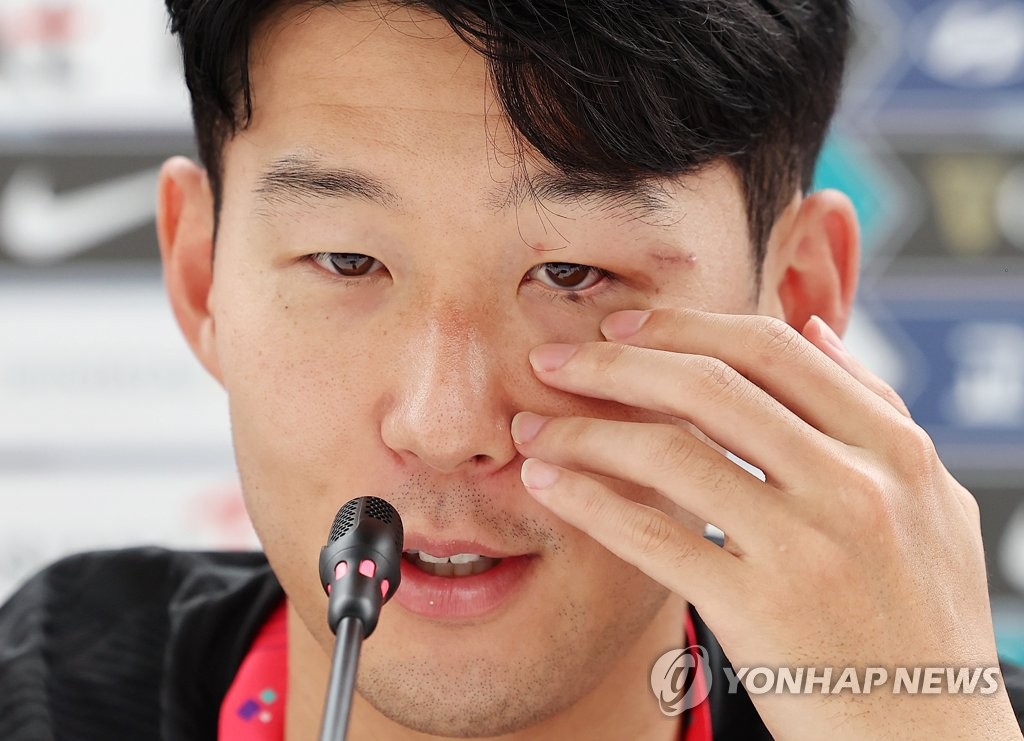 South Korean captain Son Heung-min speaks at a press conference after a training session for the FIFA World Cup at Al Egla Training Facility in Doha on Nov. 16, 2022. (Yonhap)