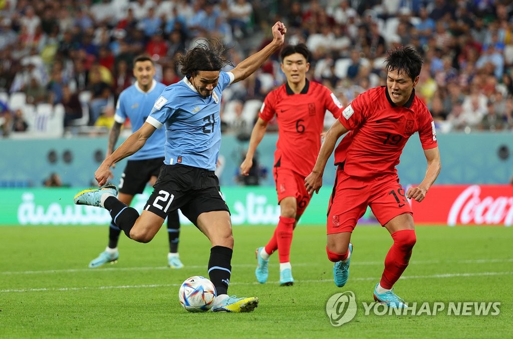 Kim Young-gwon of South Korea (R) tries to stop Edinson Cavani of Uruguay during their Group H match at the FIFA World Cup at Education City Stadium in Al Rayyan, west of Doha, on Nov. 24, 2022. (Yonhap)