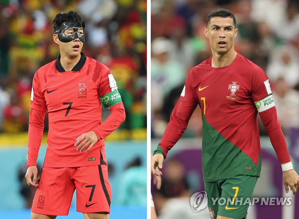 This composite photo shows South Korea captain Son Heung-min (L) and Portugal captain Cristiano Ronaldo in action during the FIFA World Cup in Qatar. (Yonhap)