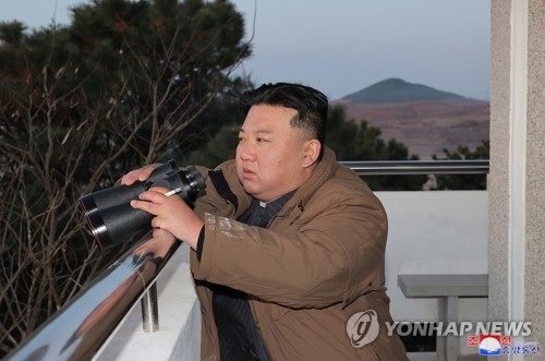 North Korean leader Kim Jong-un inspects the test-firing of a Hwasong-17 intercontinental ballistic missile on March 16, 2023, in this photo released by the North's official Korean Central News Agency the following day. (For Use Only in the Republic of Korea. No Redistribution) (Yonhap)