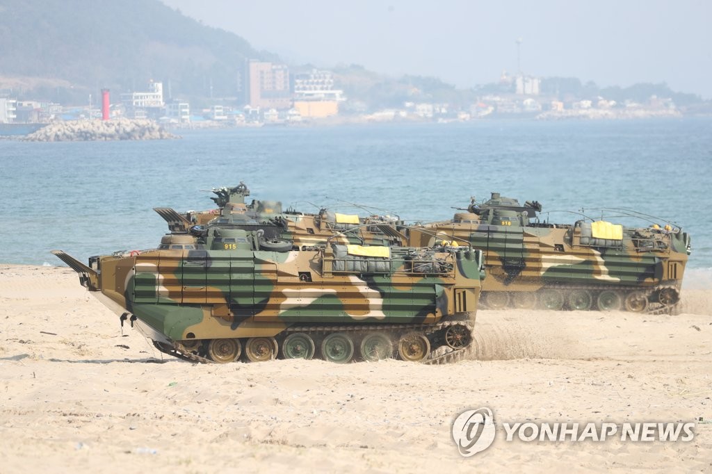 Military vehicles engage in the South Korea-U.S. Ssangyong amphibious landing exercise in Pohang, 272 kilometers southeast of Seoul, on March 29, 2023. (Yonhap)
