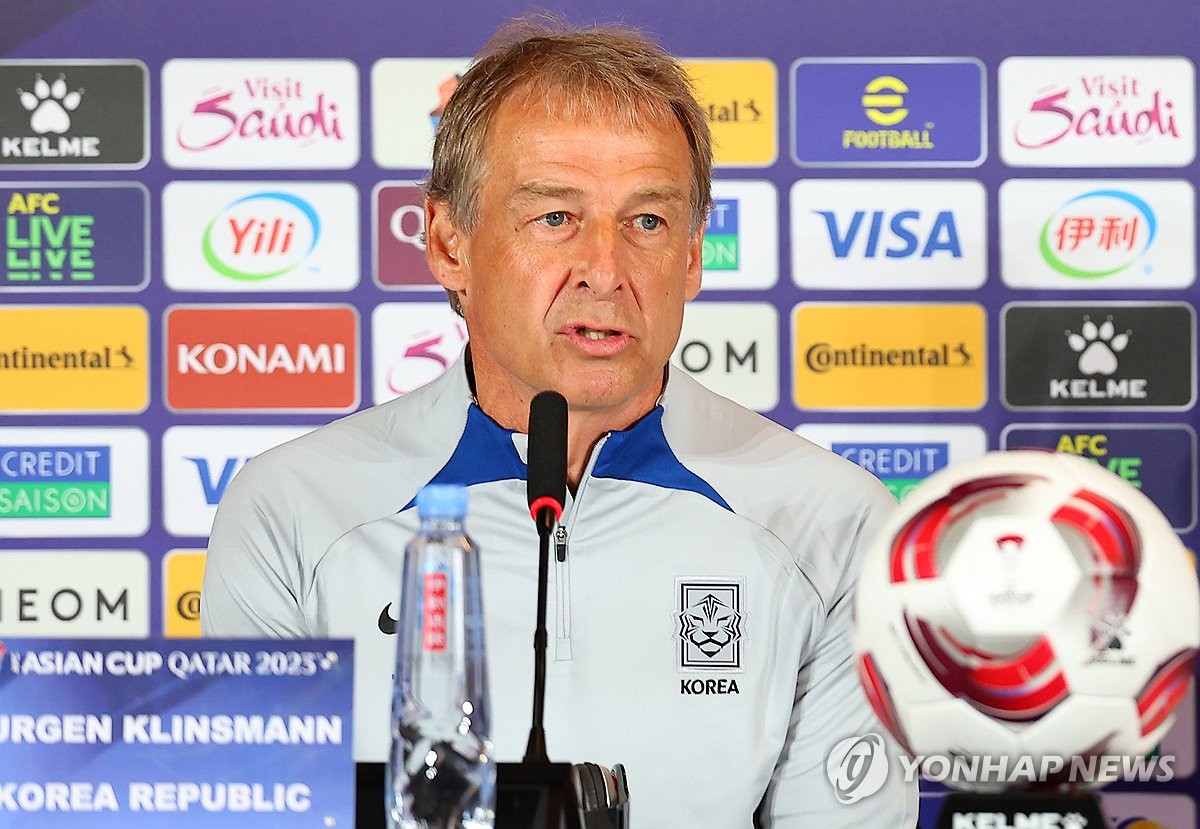 South Korea coach Jurgen Klinsmann speaks at a press conference ahead of the Asian Football Confederation Asian Cup Group E match against Bahrain held at the Main Media Center in Doha on January 14, 2024 (Yonhap News)