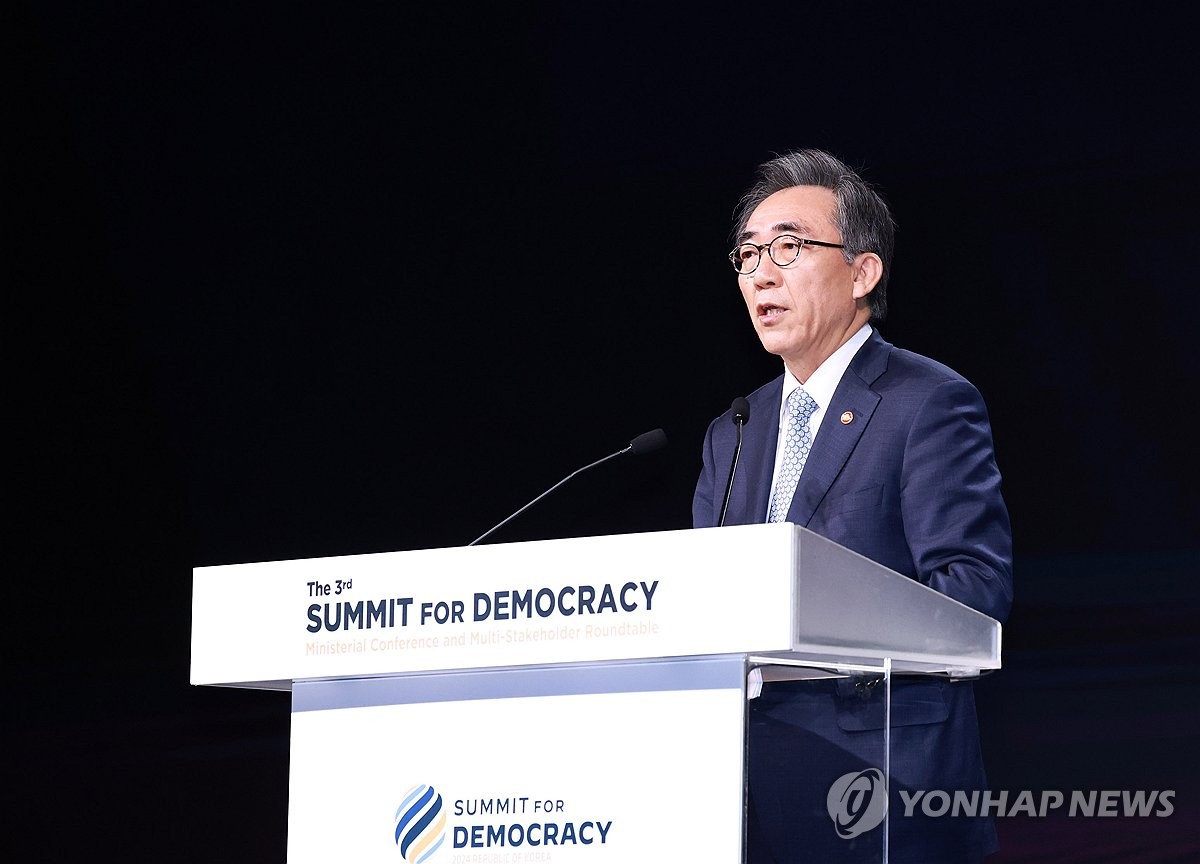 South Korean Foreign Minister Cho Tae-yul delivers an opening speech during the 3rd Summit for Democracy at a hotel in Seoul in this file photo taken March 18, 2024. (Yonhap)