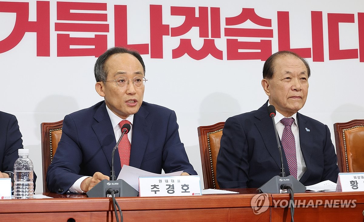 Rep. Choo Kyung-ho (L), floor leader of the ruling People Power Party, speaks during a party meeting at the National Assembly in Seoul on May 20, 2024. (Yonhap)